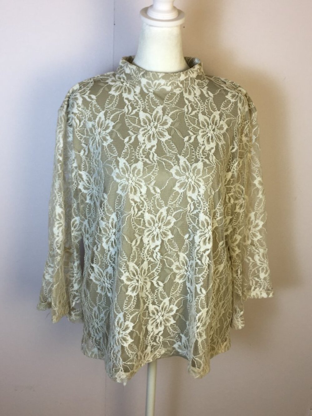 Shannon Ford New York Blouse Top Sz XL Womans Beige Floral Lace Mock Neck Lined